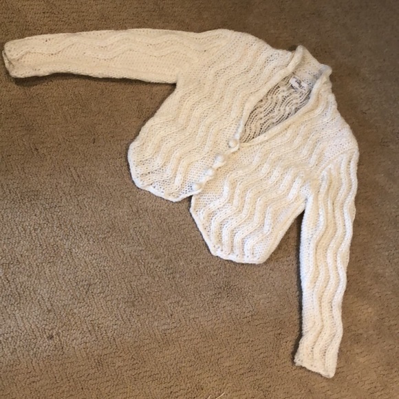 Shawl collar tuxedo hem open weave ivory  cardigan sweater M - Picture 10 of 16